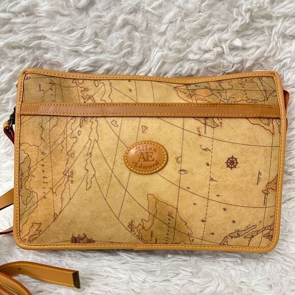 Allan Edward Tan Leather Map Print Convertible Clutch Crossbody Bag medium - Picture 2 of 10